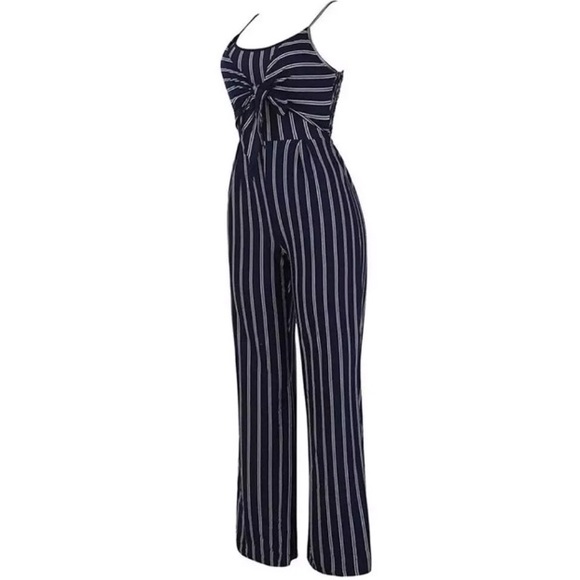 Jumpsuit Navy and White Stripes Bow Pants Straps - Picture 2 of 7